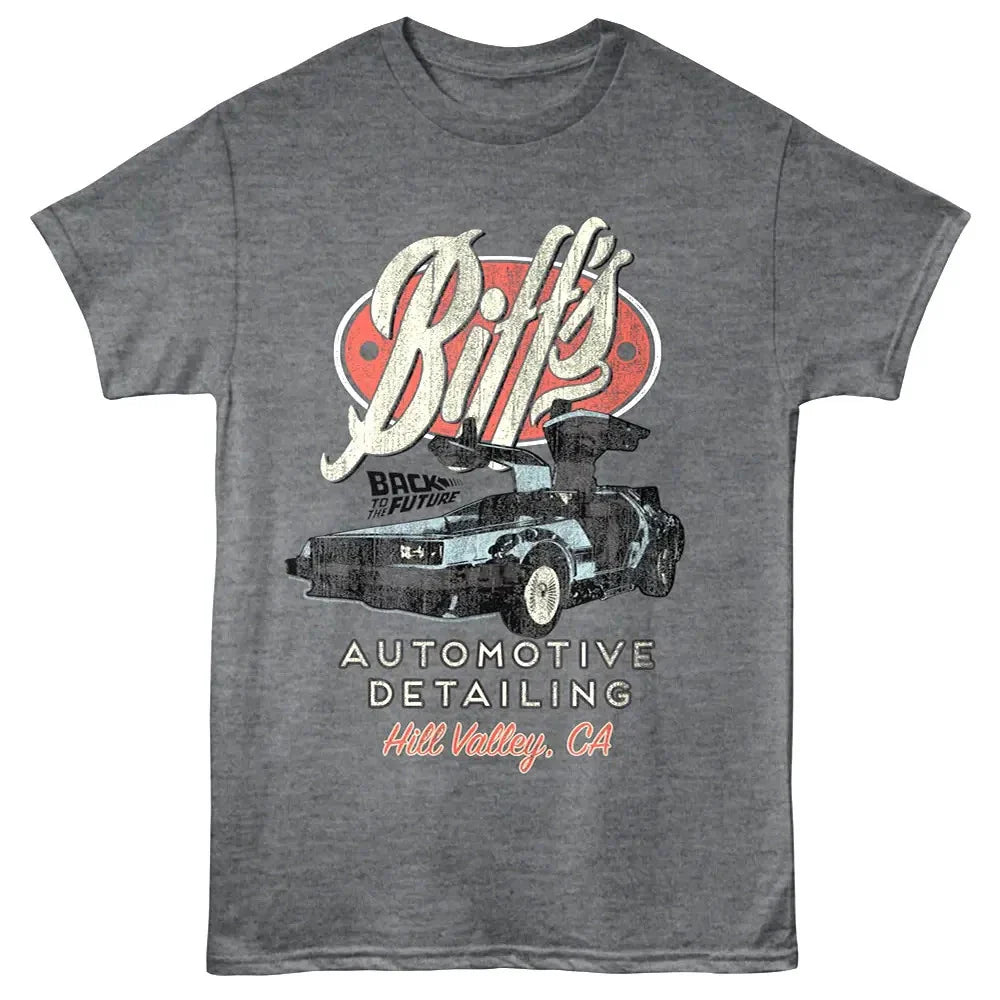 Back to The Future Biffs Automotive Hill Valley Mens T Shirt California DeLorean Unisex T-shirt, Sweatshirt, Hoodie, Long Sleeve Tee - T-Shirt, Sweatshirt, Hoodie