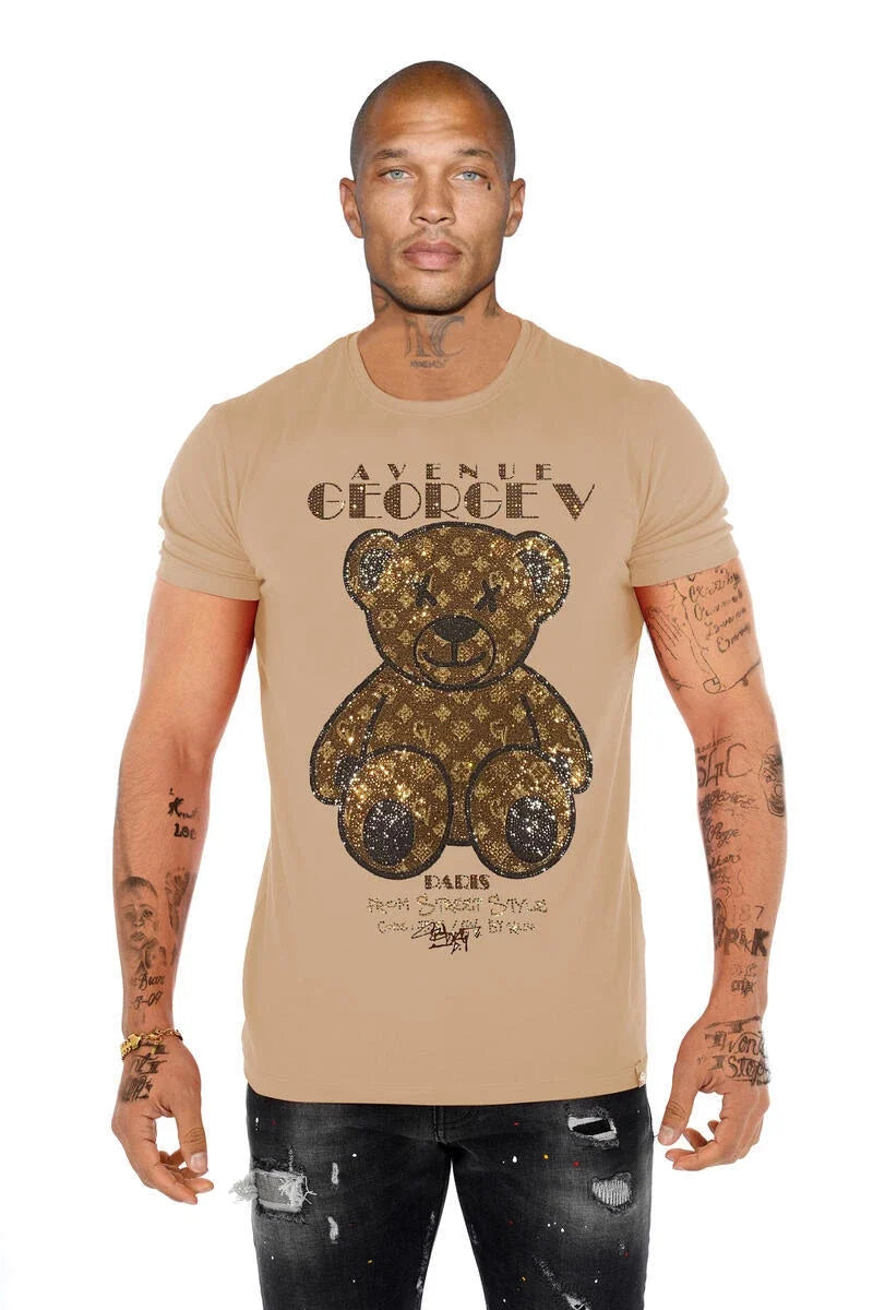 Avenue George V Paris Short Sleeves Beige T-shirt Rhinestone Golden Teddy bear Unisex T-shirt, Sweatshirt, Hoodie, Long Sleeve Tee - T-Shirt, Sweatshirt, Hoodie