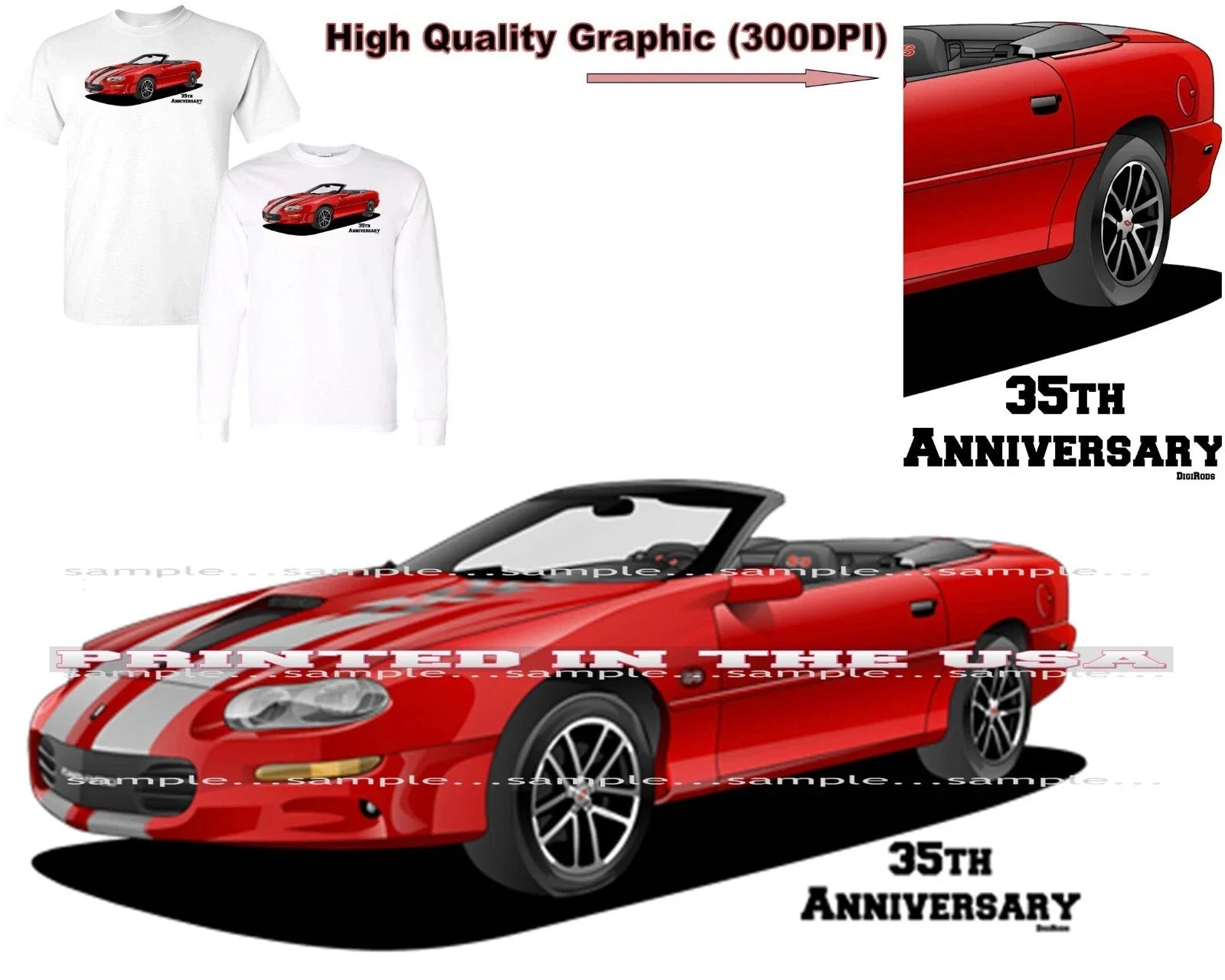 Chevrolet Chevy Camaro 35th Anniversary Convertible DigiRods Car T Shirt Unisex T-shirt, Sweatshirt, Hoodie, Long Sleeve Tee - T-Shirt, Sweatshirt, Hoodie