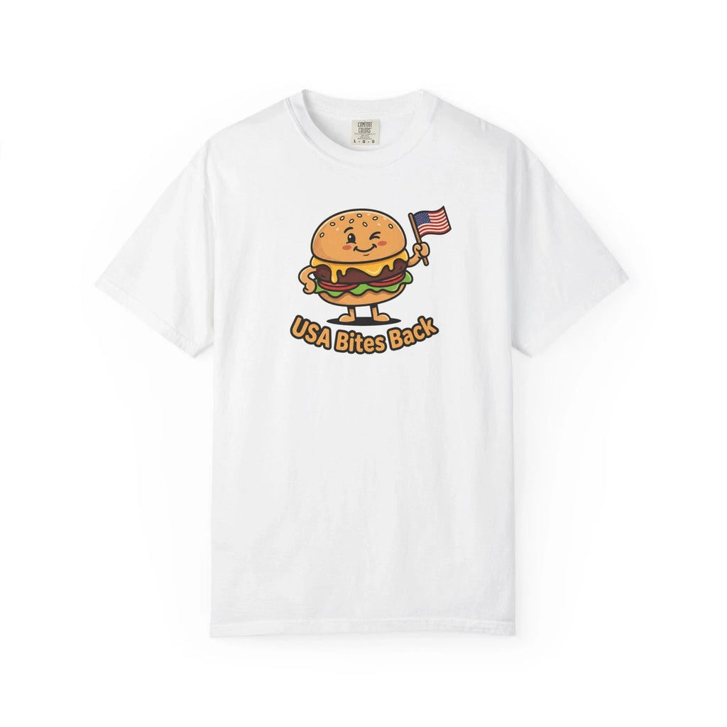 USA Burger Illustration T-Shirt | Patriotic Cheeseburger Tee, Cotton, Funny Tee Unisex T-shirt, Sweatshirt, Hoodie, Long Sleeve Tee - T-Shirt, Sweatshirt, Hoodie