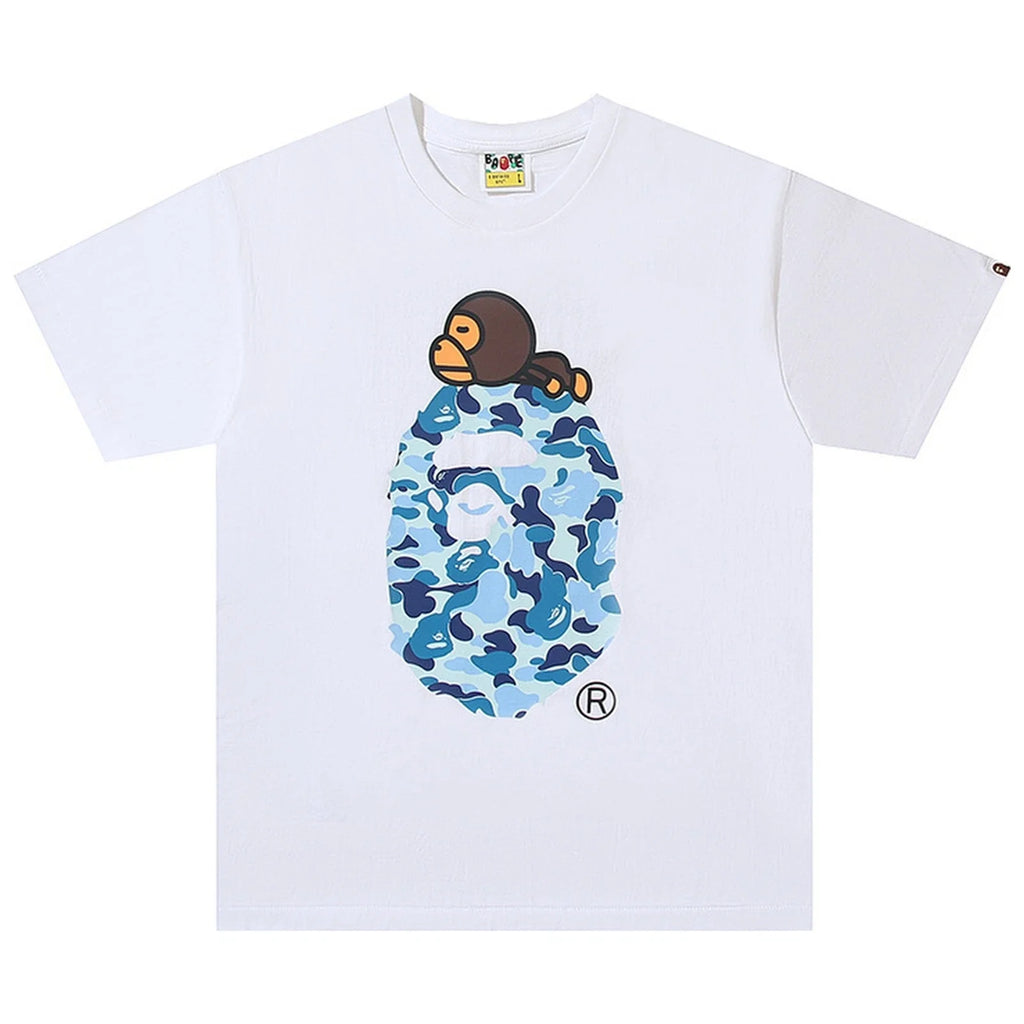 BAPE ABC Camo Milo On Big Ape Head T-Shirt White Blue | A Bathing Ape Unisex T-shirt, Sweatshirt, Hoodie, Long Sleeve Tee - T-Shirt, Sweatshirt, Hoodie