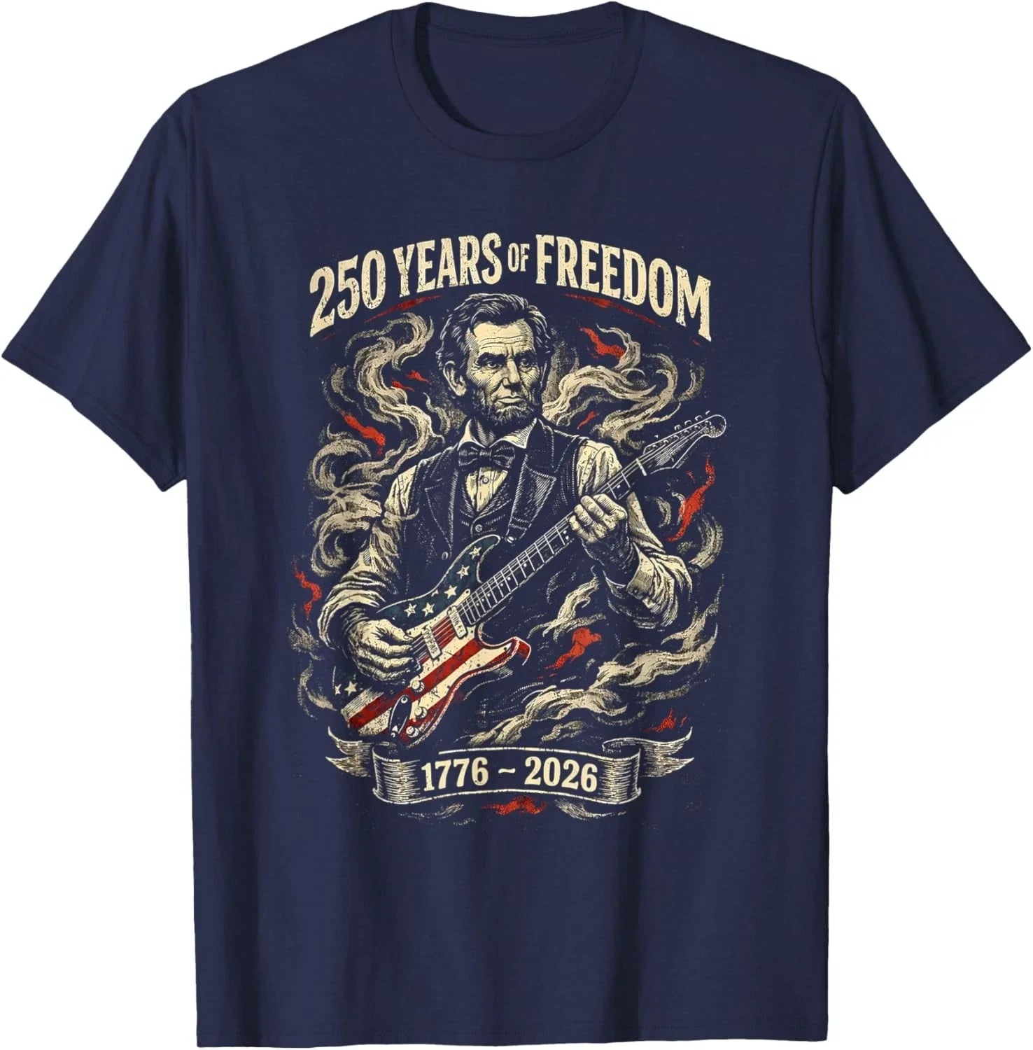 250 Years of Freedom 1776 2026 Lincoln Playing Guitar Retro Unisex T-Shirt Unisex T-shirt, Sweatshirt, Hoodie, Long Sleeve Tee - T-Shirt, Sweatshirt, Hoodie