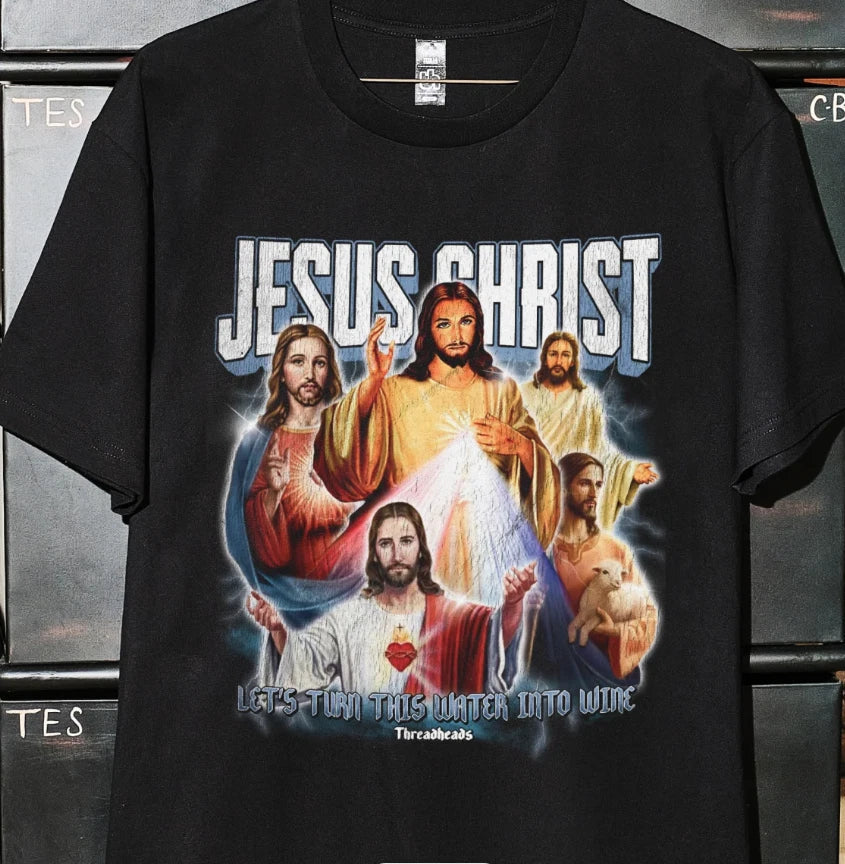 VINTAGE JESUS CHRIST BLACK T-SHIRT LET'S TURN THIS WATER INTO WINE S-5XL Unisex T-shirt, Sweatshirt, Hoodie, Long Sleeve Tee - T-Shirt, Sweatshirt, Hoodie