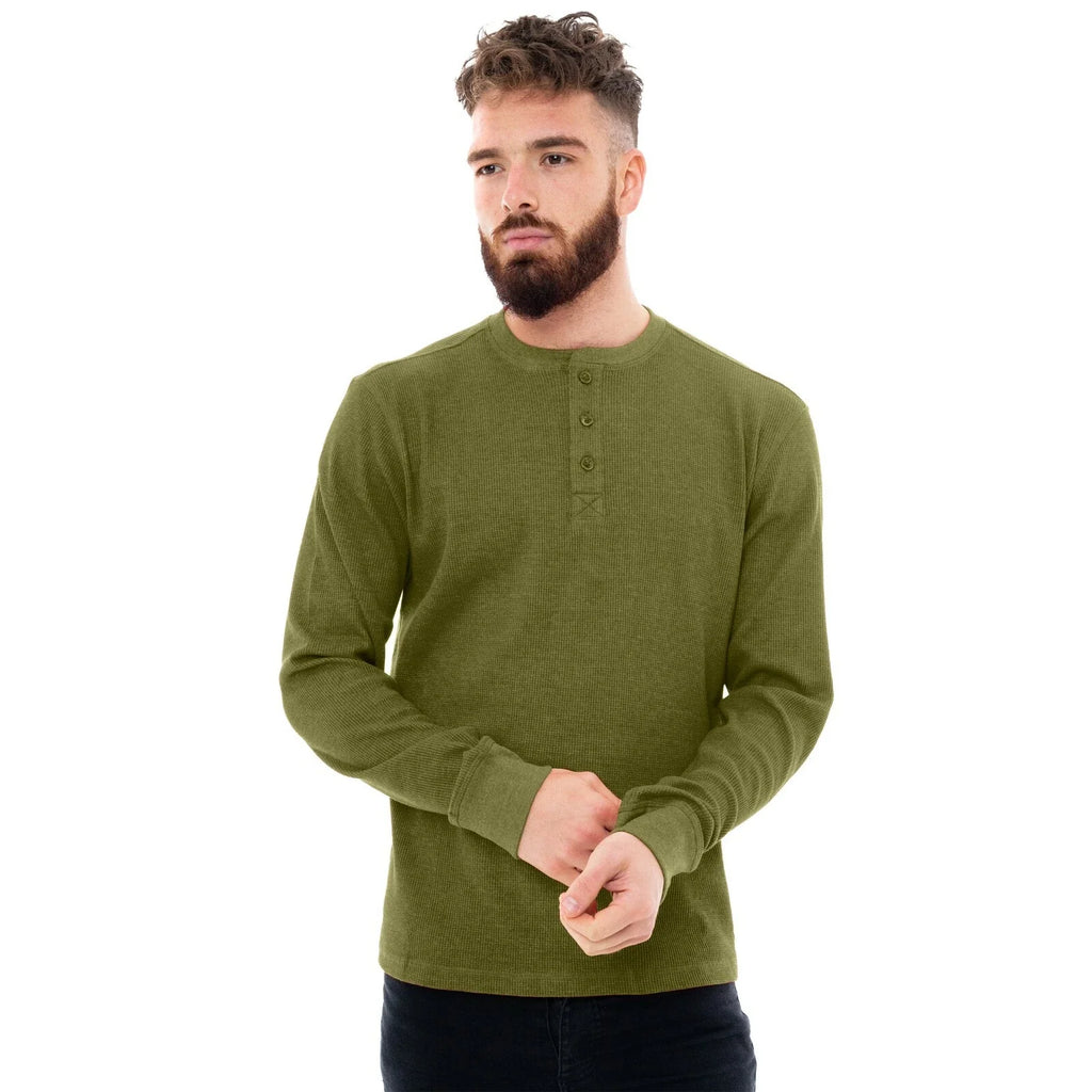 Mens Henley T-Shirt Jumper Top Thermal Grandad Neck Waffle Knit Long Sleeve Work Unisex T-shirt, Sweatshirt, Hoodie, Long Sleeve Tee - T-Shirt, Sweatshirt, Hoodie