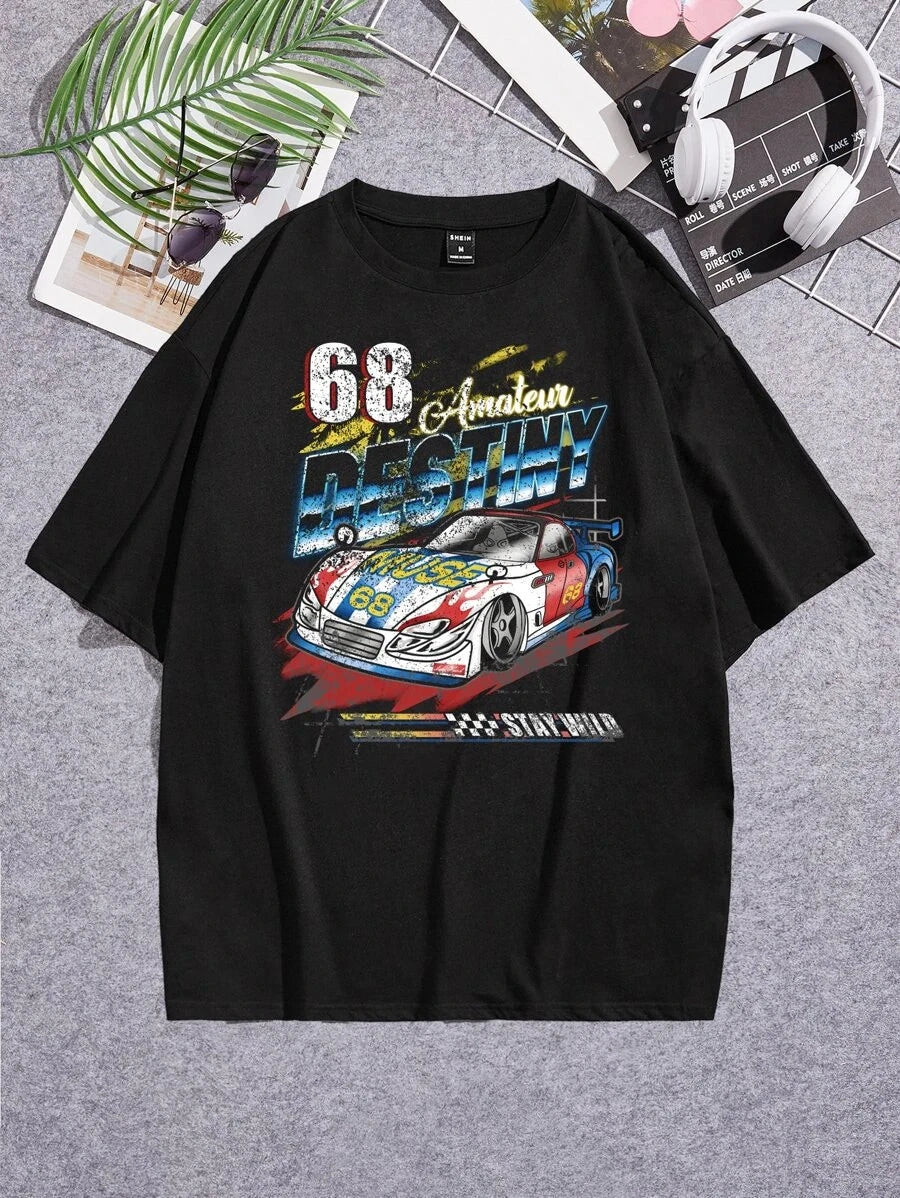 Men Car & Letter Graphic Tee  Cotton Casual Street Style T-Shirt, Cool Auto Unisex T-shirt, Sweatshirt, Hoodie, Long Sleeve Tee - T-Shirt, Sweatshirt, Hoodie