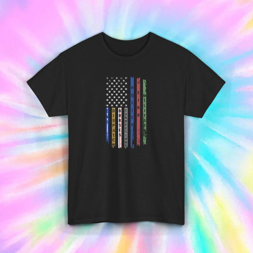 Support Our Heroes T-Shirt | Military Police Firefighter Flag Tee Unisex T-shirt, Sweatshirt, Hoodie, Long Sleeve Tee - T-Shirt, Sweatshirt, Hoodie