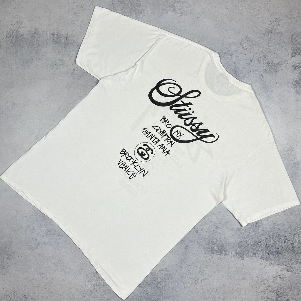 Stussy World Tour Graffiti Big Logo Short Sleeve T Shirt 2000s White Size XL Y2K Unisex T-shirt, Sweatshirt, Hoodie, Long Sleeve Tee - T-Shirt, Sweatshirt, Hoodie