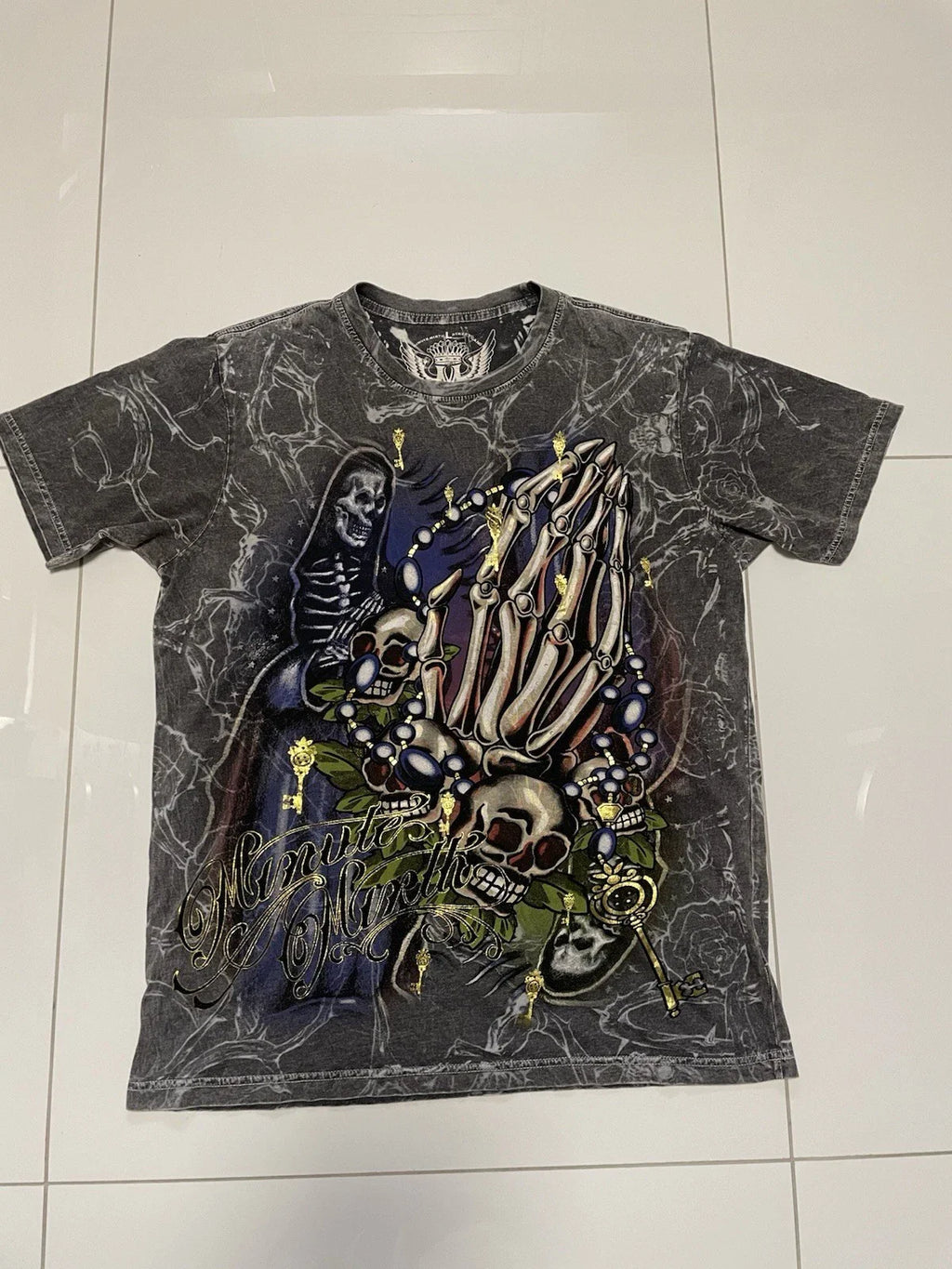 MINUTE MIRTH STREET STYLE LARGE  L  GREY ED HARDY STYLE SKULL SKELETON T-SHIRT Unisex T-shirt, Sweatshirt, Hoodie, Long Sleeve Tee - T-Shirt, Sweatshirt, Hoodie