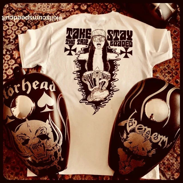 STAY LOADED Shovelhead & Snake white tee shirt hippie biker lsd 70's motorcycle Unisex T-shirt, Sweatshirt, Hoodie, Long Sleeve Tee - T-Shirt, Sweatshirt, Hoodie