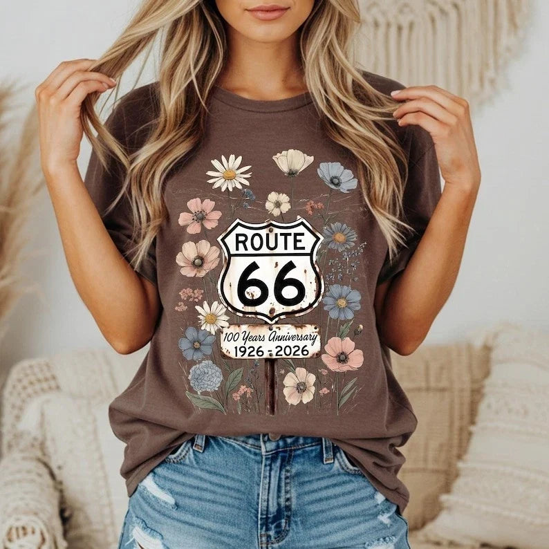 Route 66 Floral Shield 100 Years T-shirt | 1926-2026 Mother Road Unisex T-shirt, Sweatshirt, Hoodie, Long Sleeve Tee - T-Shirt, Sweatshirt, Hoodie