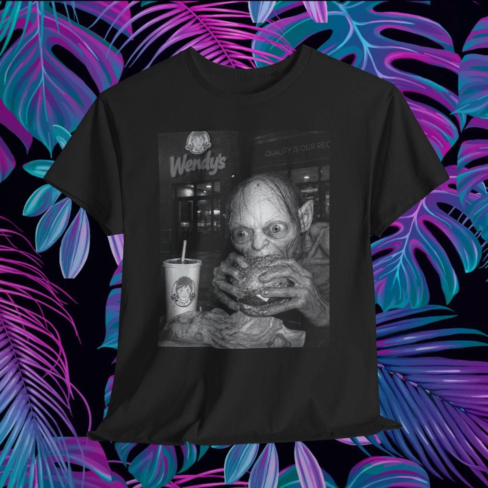 Gollum Eating Wendys Burger Shirt Y2K Flash Photo Meme Horror Graphic Tee Unisex T-shirt, Sweatshirt, Hoodie, Long Sleeve Tee - T-Shirt, Sweatshirt, Hoodie