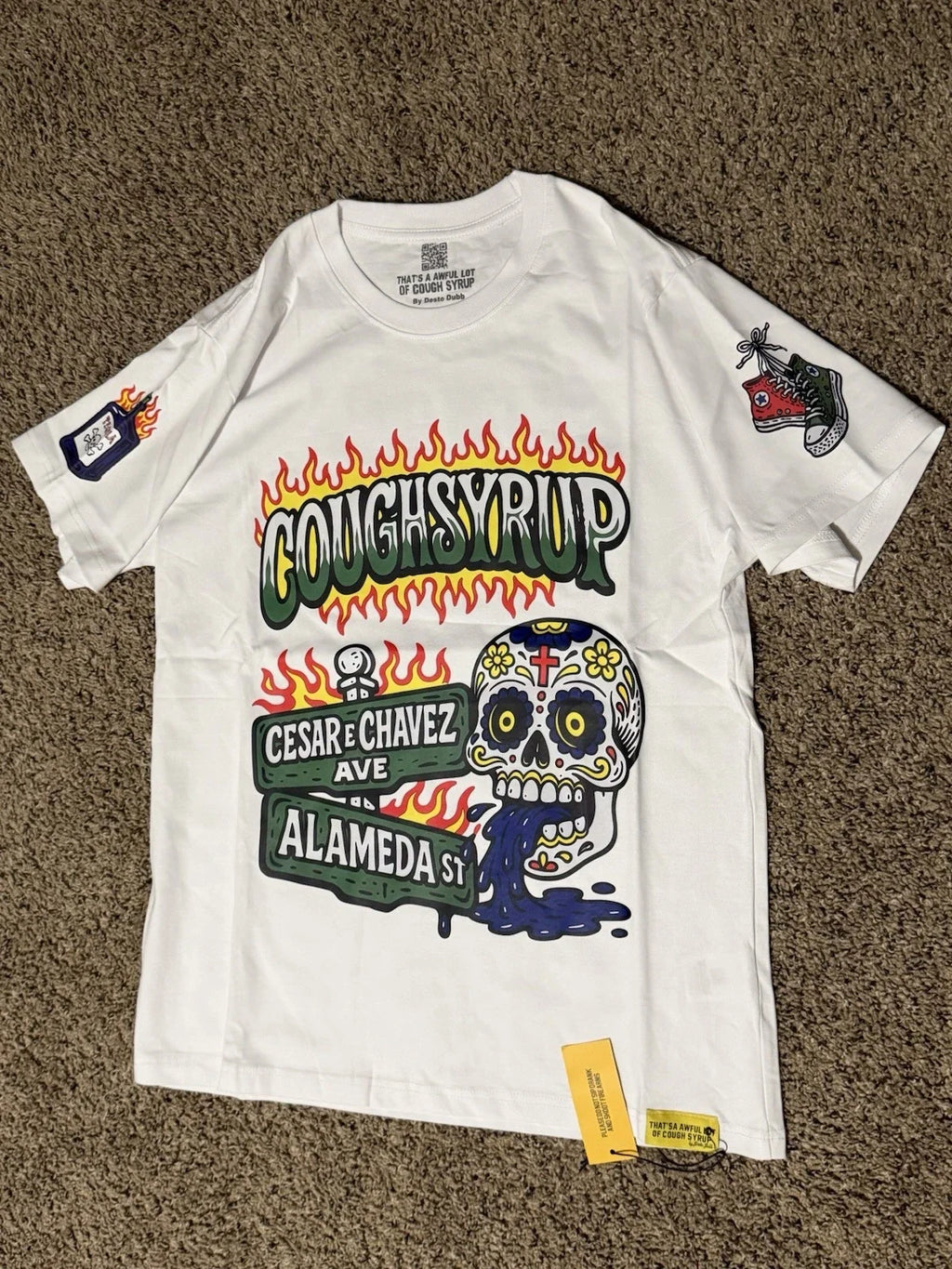 Cough Syrup Graphic Tee Medium White Desto Dubb Streetwear Skull Shirt Unisex T-shirt, Sweatshirt, Hoodie, Long Sleeve Tee - T-Shirt, Sweatshirt, Hoodie