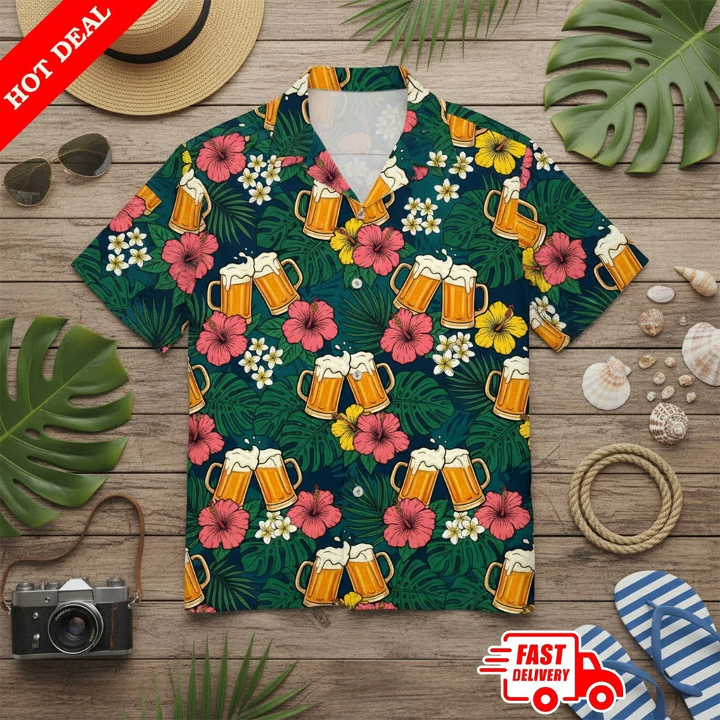 Men's Tropical Beer Garden Hawaiian Shirt | Cheers Beer Mug & Hibiscus Floral Unisex T-shirt, Sweatshirt, Hoodie, Long Sleeve Tee - T-Shirt, Sweatshirt, Hoodie