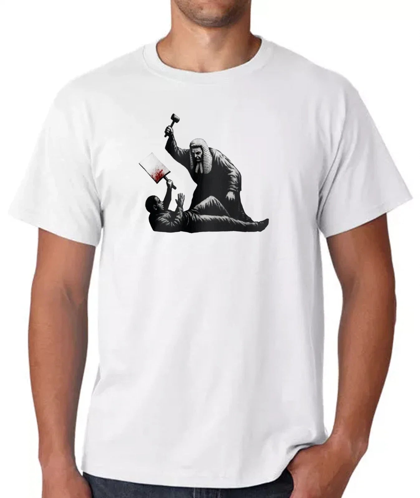 Large Banksy Judge Protester T-Shirt Royal Courts of Justice London Mural Art Unisex T-shirt, Sweatshirt, Hoodie, Long Sleeve Tee - T-Shirt, Sweatshirt, Hoodie