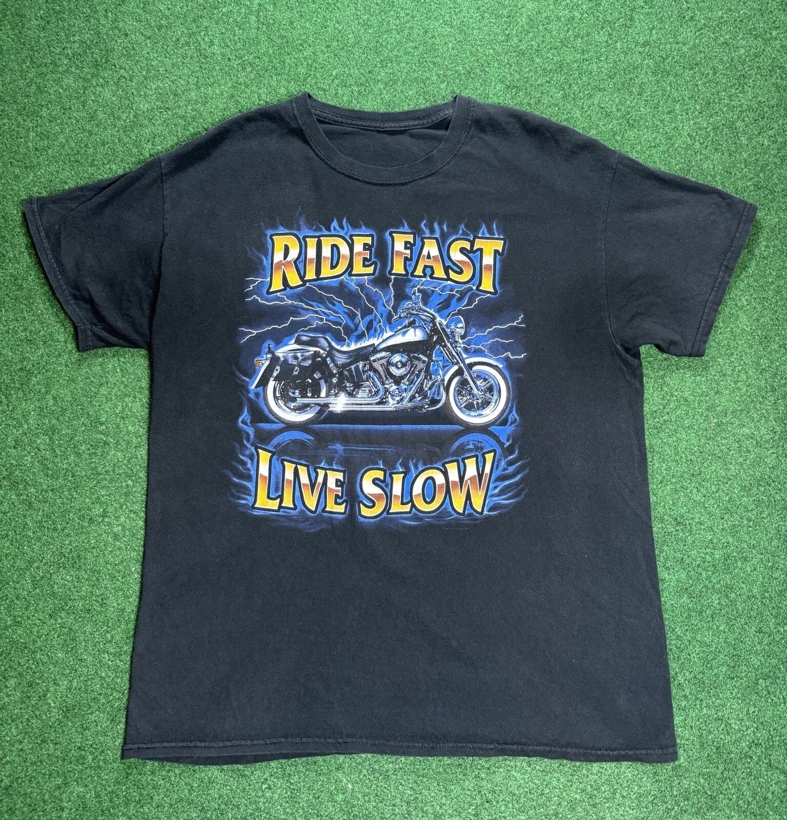 Vintage Y2K Ride Fast Live Slow Lightning Graphic Motorcycle Mens Large T Shirt Unisex T-shirt, Sweatshirt, Hoodie, Long Sleeve Tee - T-Shirt, Sweatshirt, Hoodie