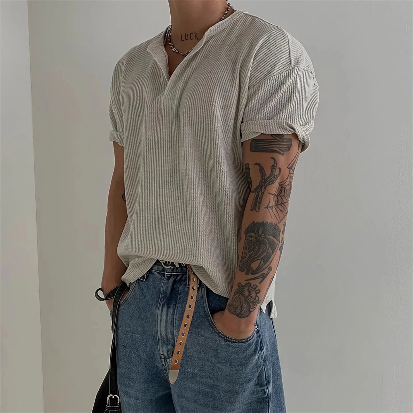 Mens Waffle Short-Sleeved T-Shirt with Simple Bottoming In Summer Henry Shirt Unisex T-shirt, Sweatshirt, Hoodie, Long Sleeve Tee - T-Shirt, Sweatshirt, Hoodie