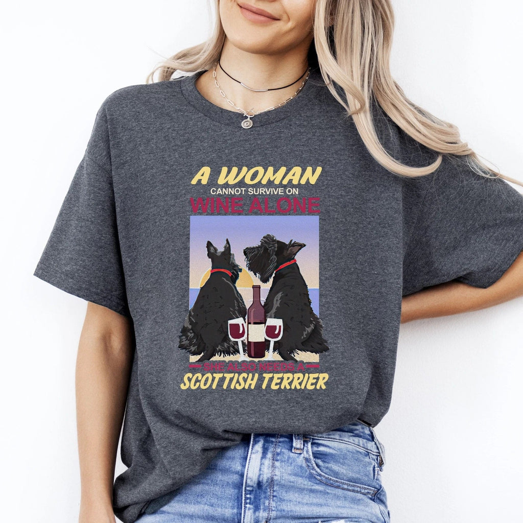 A Woman Cannot Survive On Wine Alone T-Shirt gift Scottish terrier Dog mom Unise Unisex T-shirt, Sweatshirt, Hoodie, Long Sleeve Tee - T-Shirt, Sweatshirt, Hoodie