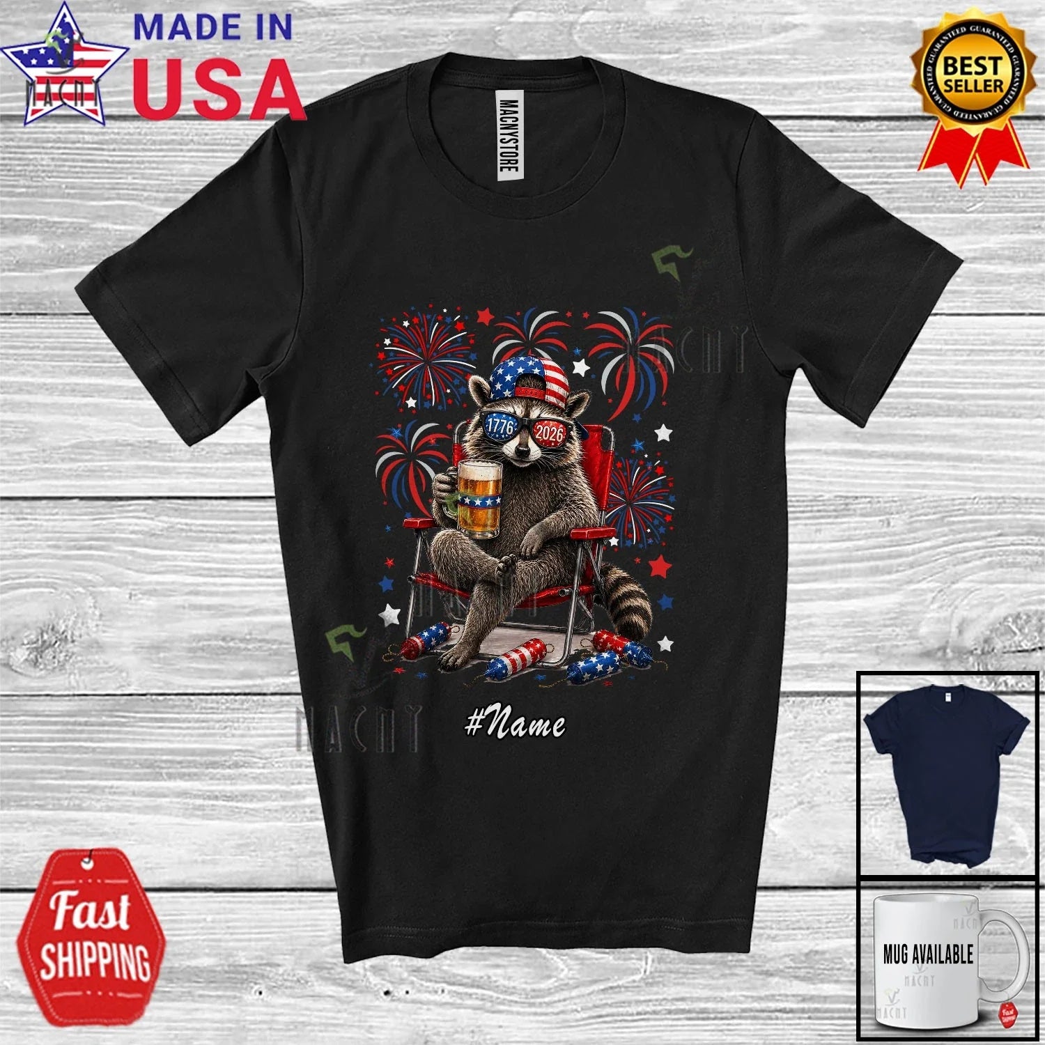 Custom Name Raccoon Drinking Beer; 250th 4th Of July 1776-2026 Patriotic T-Shirt Unisex T-shirt, Sweatshirt, Hoodie, Long Sleeve Tee - T-Shirt, Sweatshirt, Hoodie