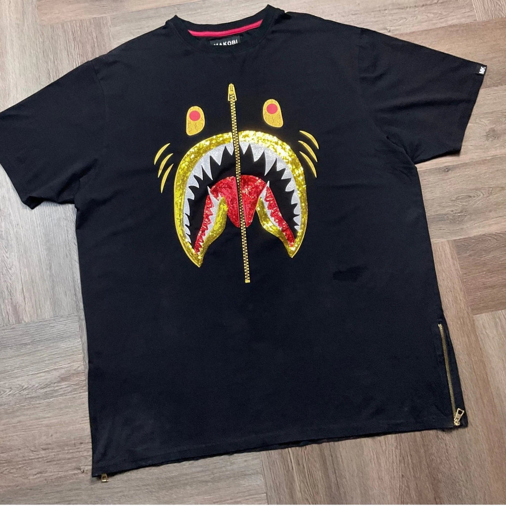 Makobi Sharko T Shirt Mens 3X Black Graphic Gold Sequin Zip Detail Streetwear Unisex T-shirt, Sweatshirt, Hoodie, Long Sleeve Tee - T-Shirt, Sweatshirt, Hoodie