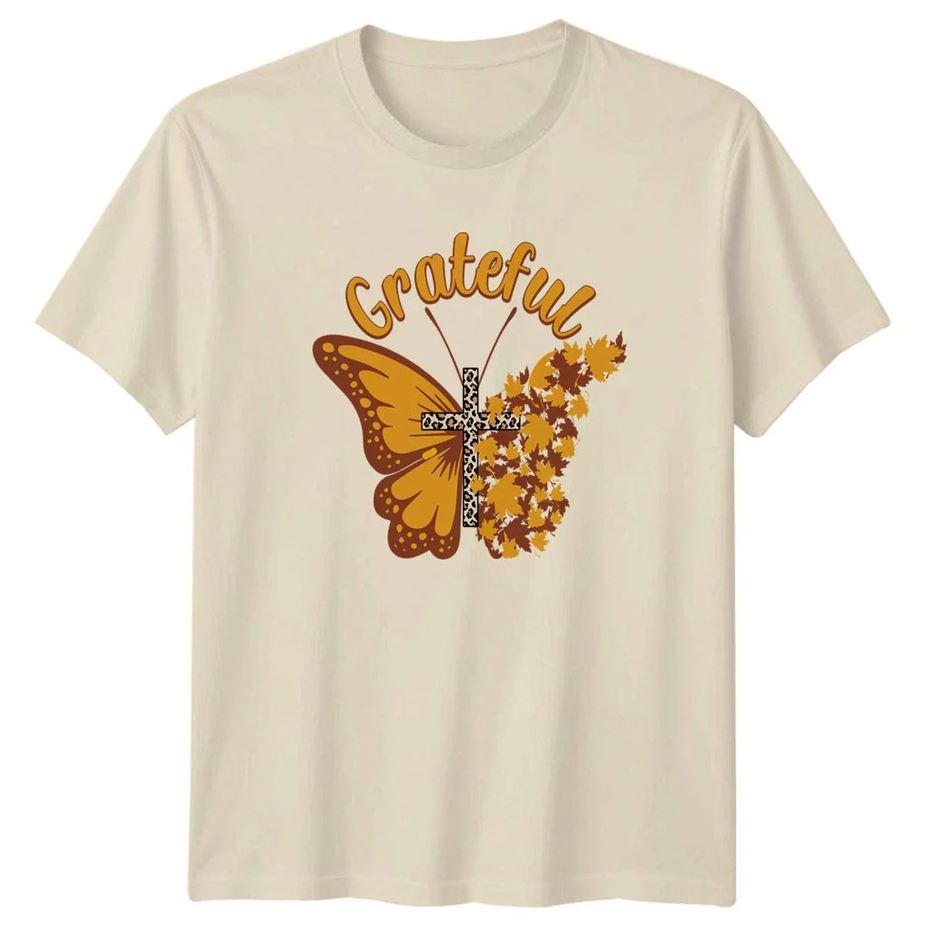 Grateful Womens T-Shirt Butterfly Cross Autumn Fall Gift For Her Unisex T-shirt, Sweatshirt, Hoodie, Long Sleeve Tee - T-Shirt, Sweatshirt, Hoodie