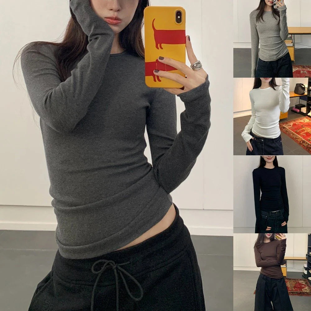 Slim Fitted Women Long Sleeve T Shirt Crew Neck Waist Cinched Minimalist Top Unisex T-shirt, Sweatshirt, Hoodie, Long Sleeve Tee - T-Shirt, Sweatshirt, Hoodie