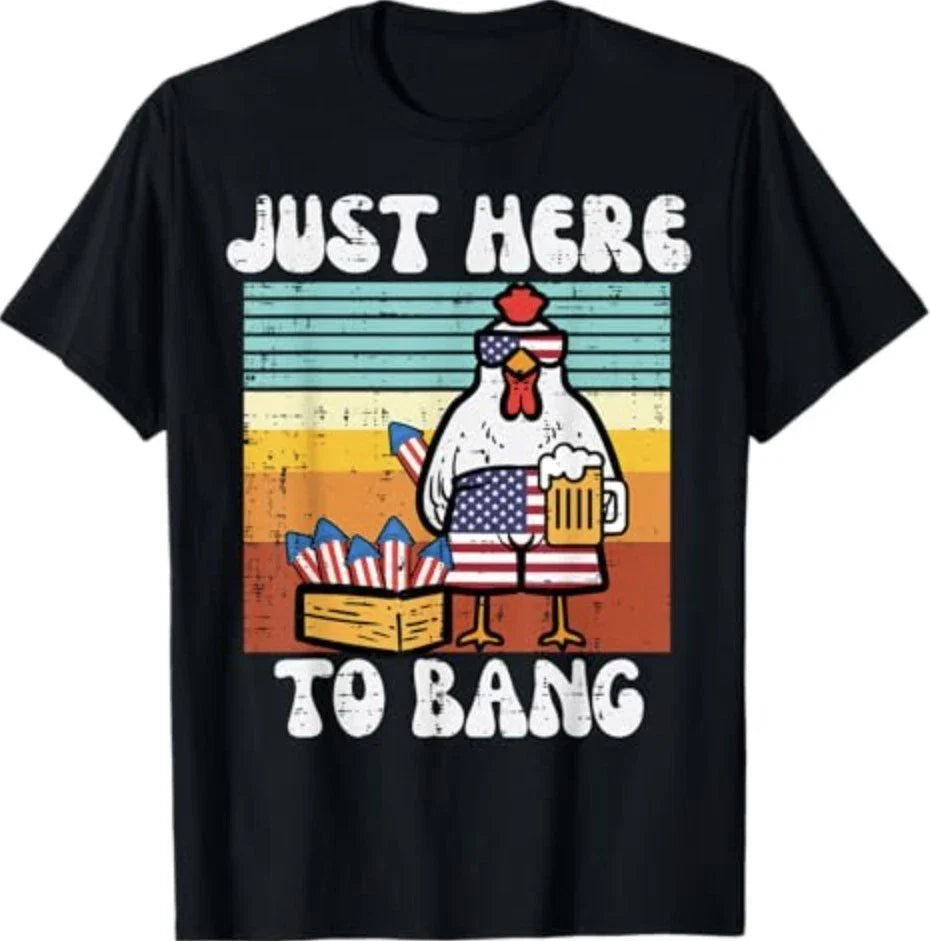 4th of July Chicken Fireworks Here to Bang Retro America Men T-Shirt Unisex T-shirt, Sweatshirt, Hoodie, Long Sleeve Tee - T-Shirt, Sweatshirt, Hoodie