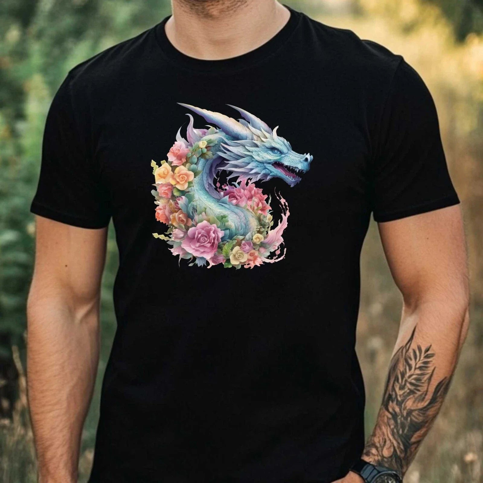 Mens Watercolour Floral Dragon Motif Cotton T-Shirt Size XS to 5XL Unisex T-shirt, Sweatshirt, Hoodie, Long Sleeve Tee - T-Shirt, Sweatshirt, Hoodie