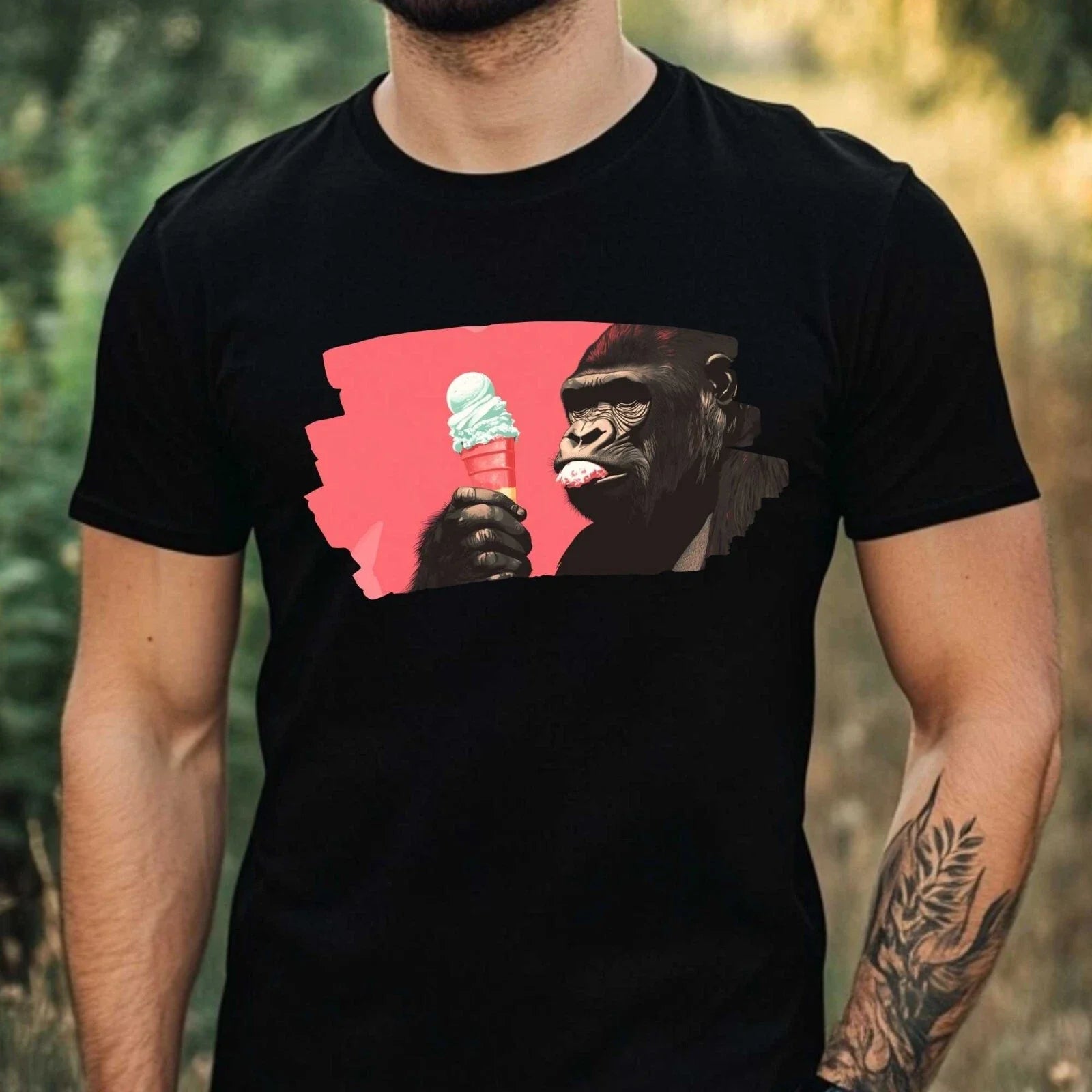 Mens Gorilla Eats Ice Cream Motif Cotton T-Shirt Size XS to 5XL Unisex T-shirt, Sweatshirt, Hoodie, Long Sleeve Tee - T-Shirt, Sweatshirt, Hoodie