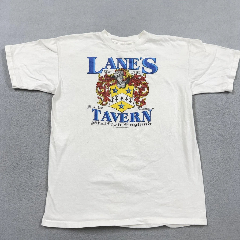 Vintage Lane's Tavern Shirt Mens Medium White Stafford England Graphic Tee 1991 Unisex T-shirt, Sweatshirt, Hoodie, Long Sleeve Tee - T-Shirt, Sweatshirt, Hoodie