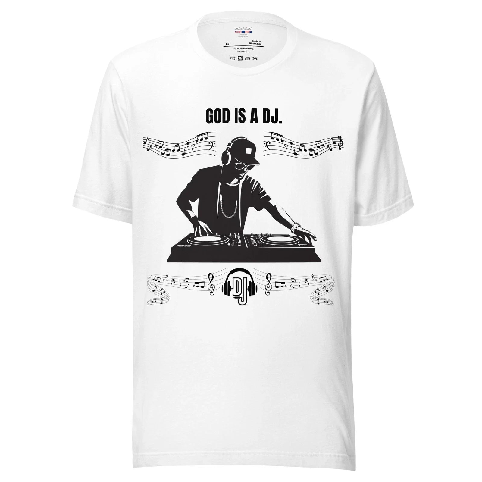 God Is A DJ Unisex white cotton  t-shirt designed by Ascension UK Unisex T-shirt, Sweatshirt, Hoodie, Long Sleeve Tee - T-Shirt, Sweatshirt, Hoodie