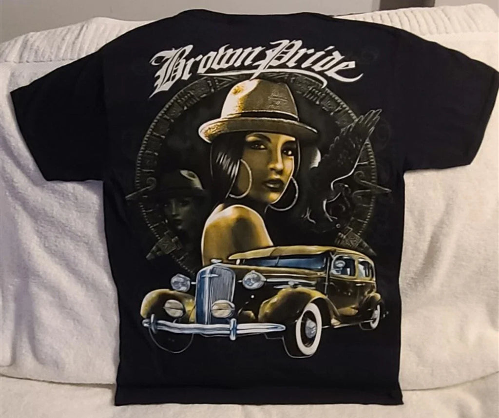 BROWN PRIDE AZTEC CALENDAR EAGLE GANGSTER CAR CHICA MEXICO T-SHIRT SHIRT Unisex T-shirt, Sweatshirt, Hoodie, Long Sleeve Tee - T-Shirt, Sweatshirt, Hoodie