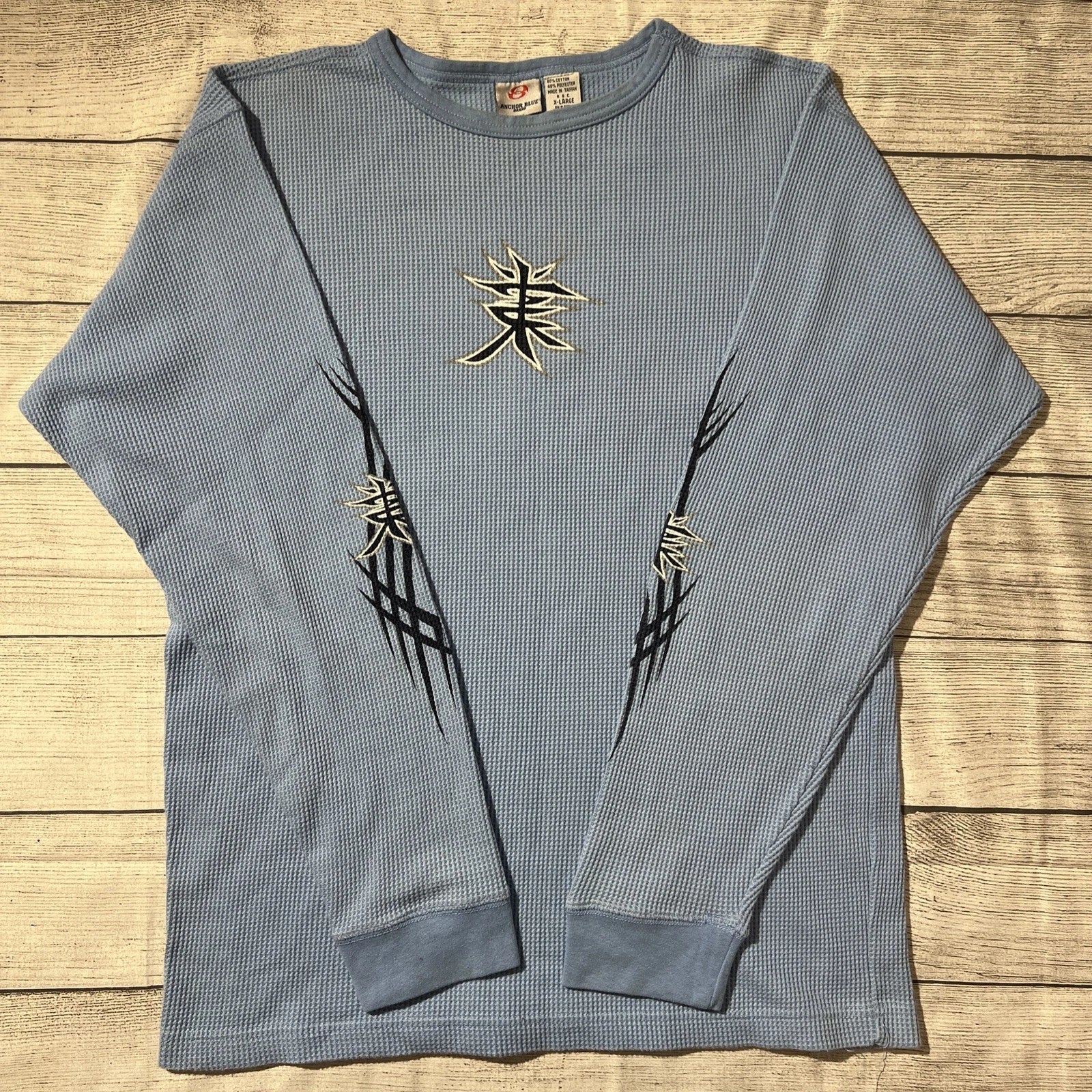 Y2K Anchor Blue Waffle Knit Long Sleeve Japanese Symbol Grunge Skater Sz XL Unisex T-shirt, Sweatshirt, Hoodie, Long Sleeve Tee - T-Shirt, Sweatshirt, Hoodie