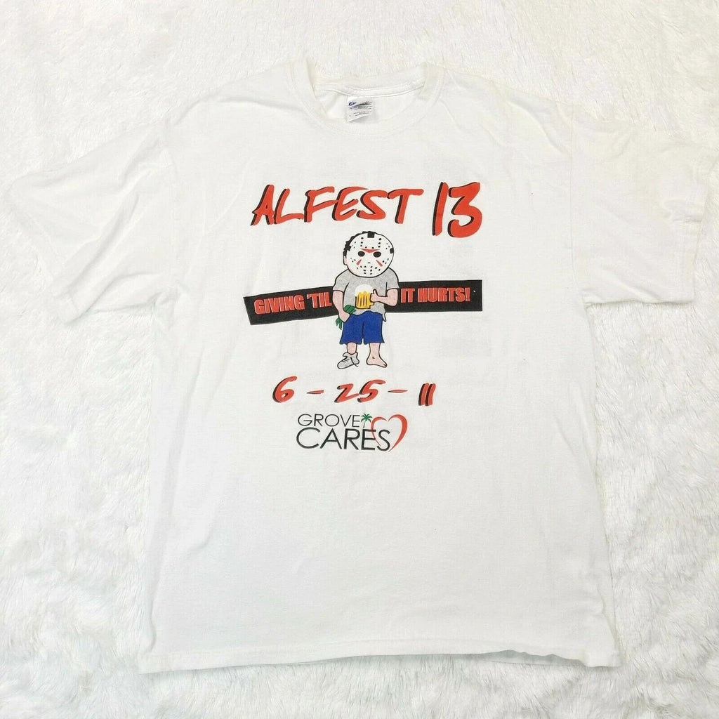 Gildan ALFEST 13 T-Shirt Jason Mask Beer Size L - Grove Cares Sponsors Tee Unisex T-shirt, Sweatshirt, Hoodie, Long Sleeve Tee - T-Shirt, Sweatshirt, Hoodie