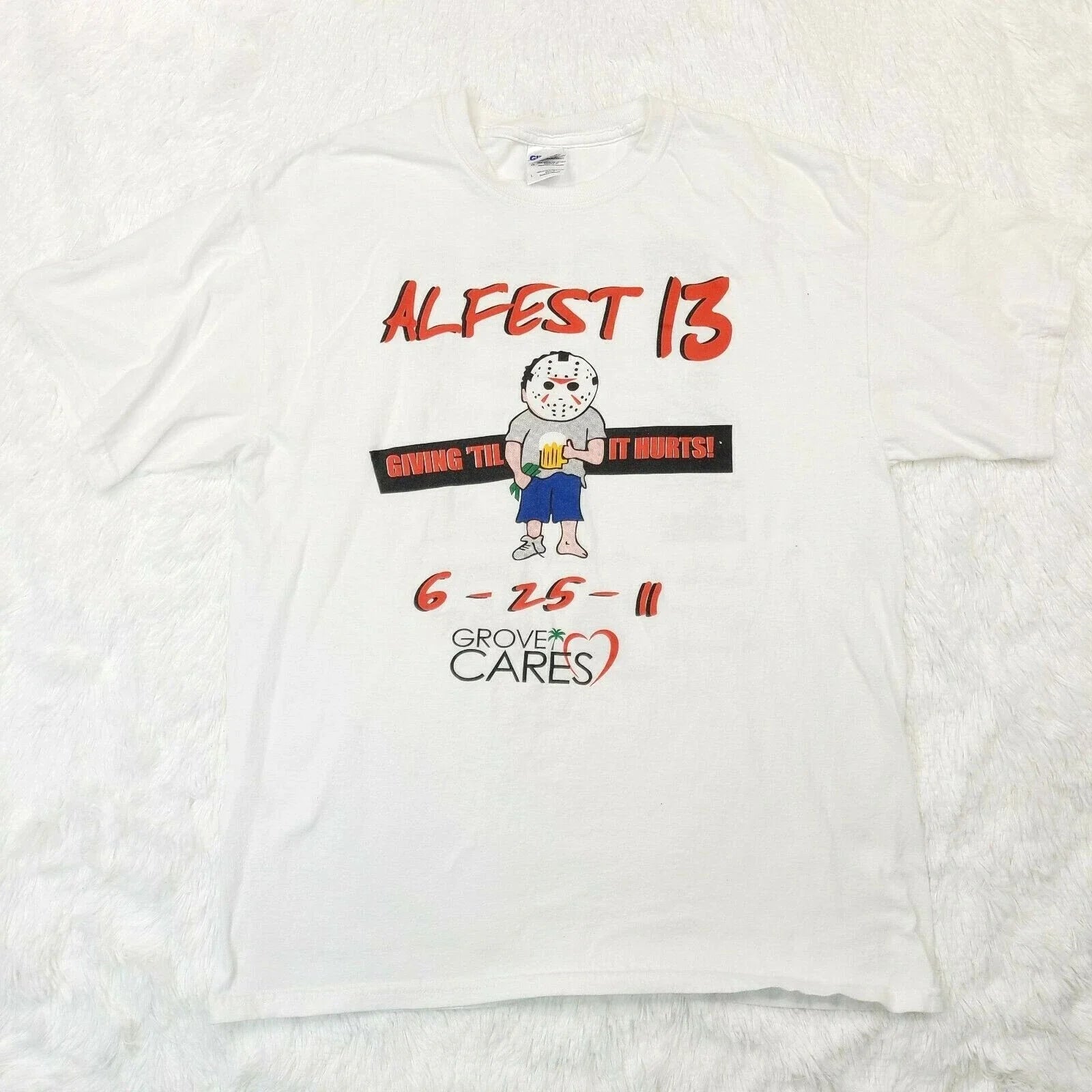 Gildan ALFEST 13 T-Shirt Jason Mask Beer Size L - Grove Cares Sponsors Tee Unisex T-shirt, Sweatshirt, Hoodie, Long Sleeve Tee - T-Shirt, Sweatshirt, Hoodie