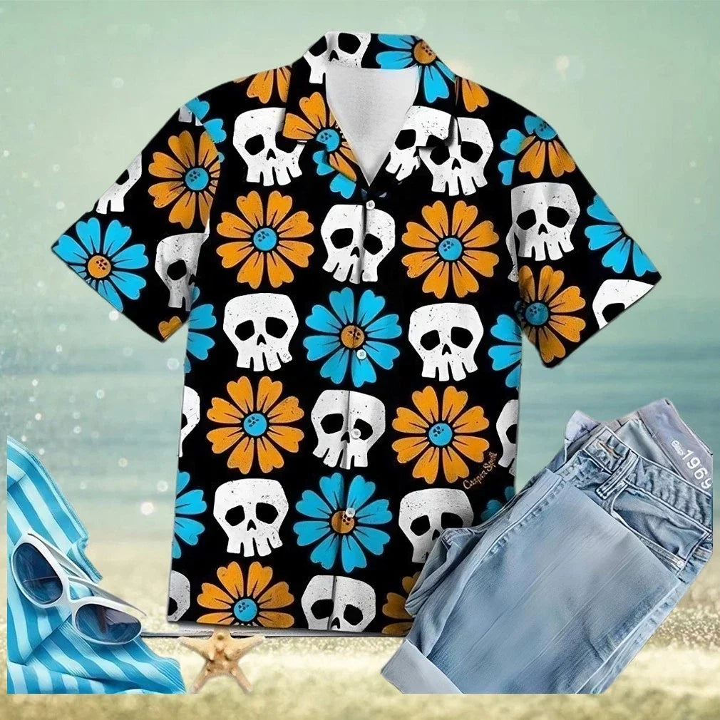 Shop Simple Skull Flowers Hawaiian Aloha Shirts Unisex T-shirt, Sweatshirt, Hoodie, Long Sleeve Tee - T-Shirt, Sweatshirt, Hoodie