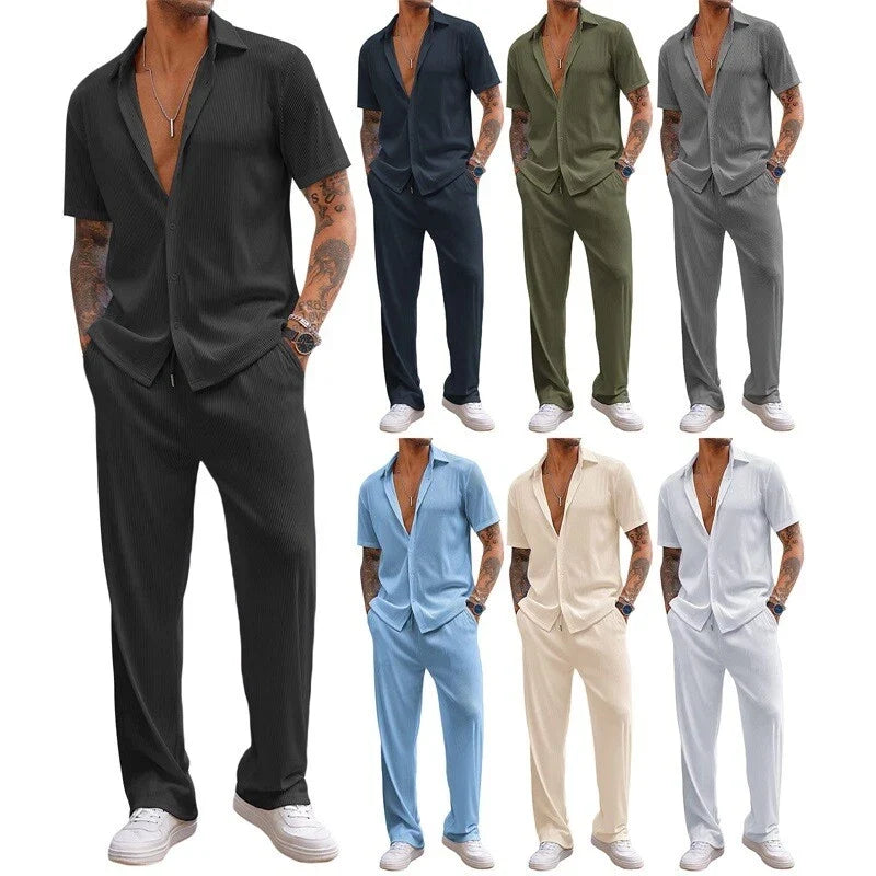 Men Sweatsuit Set Outfit 2-Piece Set Half Sleeve Button Shirt and Pants Unisex T-shirt, Sweatshirt, Hoodie, Long Sleeve Tee - T-Shirt, Sweatshirt, Hoodie