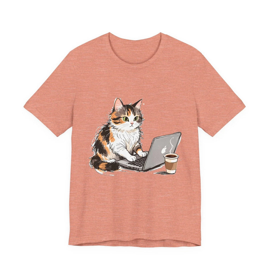 Calico Cat on Laptop Tee | Coffee Cat Graphic Shirt Unisex T-shirt, Sweatshirt, Hoodie, Long Sleeve Tee - T-Shirt, Sweatshirt, Hoodie