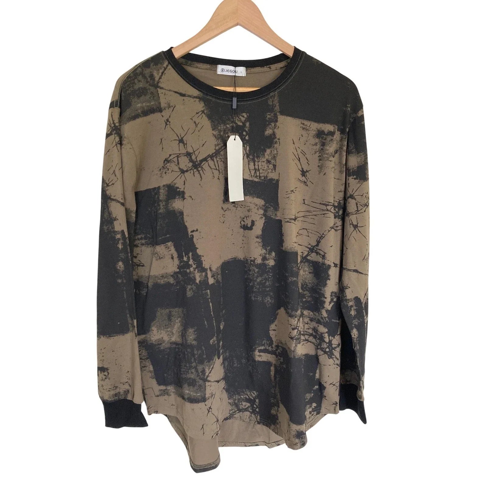 KLIEGOU Mens Abstract Graphic Long Sleeve Shirt Olive Green Black Streetwear L Unisex T-shirt, Sweatshirt, Hoodie, Long Sleeve Tee - T-Shirt, Sweatshirt, Hoodie