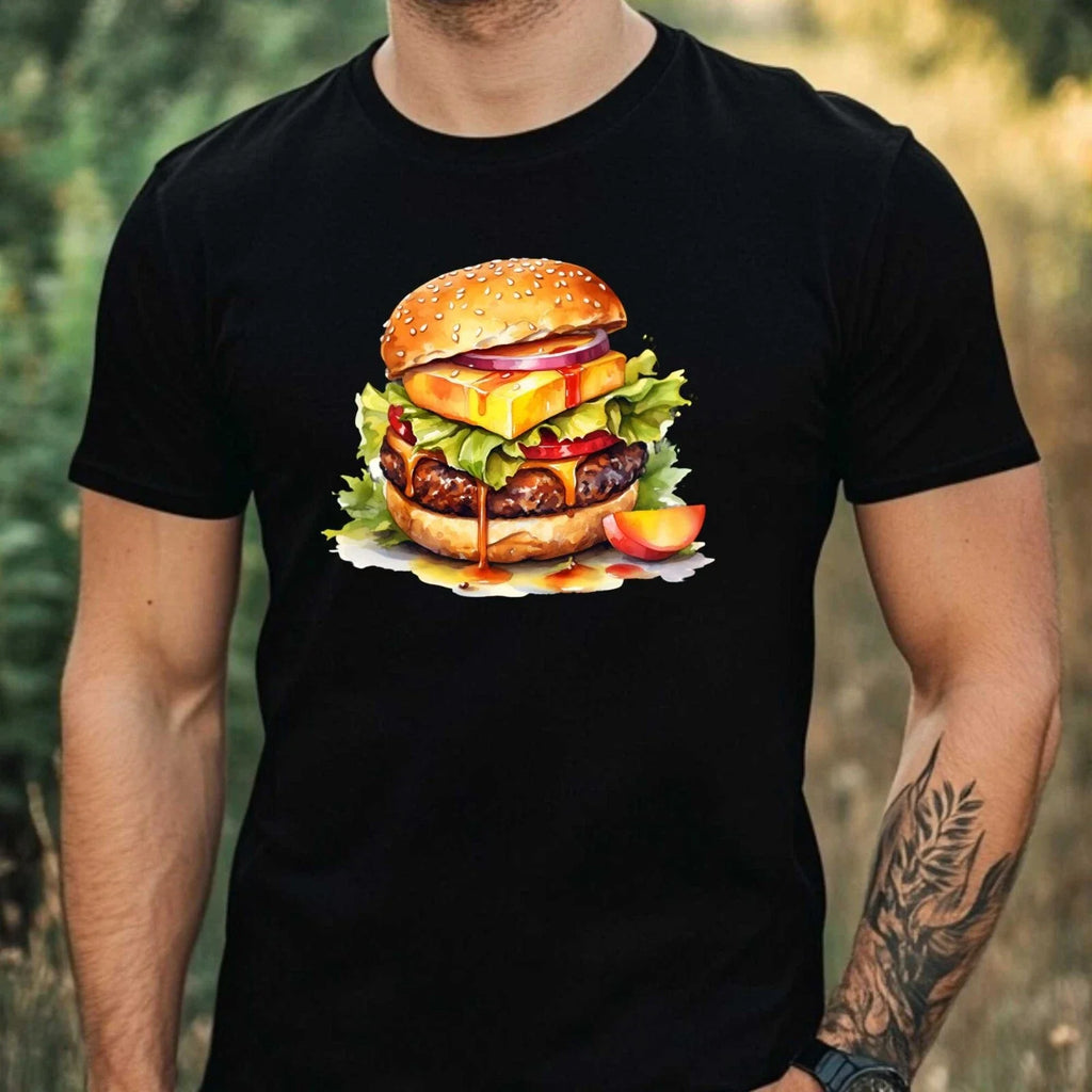 Mens Watercolour Cheeseburger Motif Cotton T-Shirt Size XS to 5XL Unisex T-shirt, Sweatshirt, Hoodie, Long Sleeve Tee - T-Shirt, Sweatshirt, Hoodie