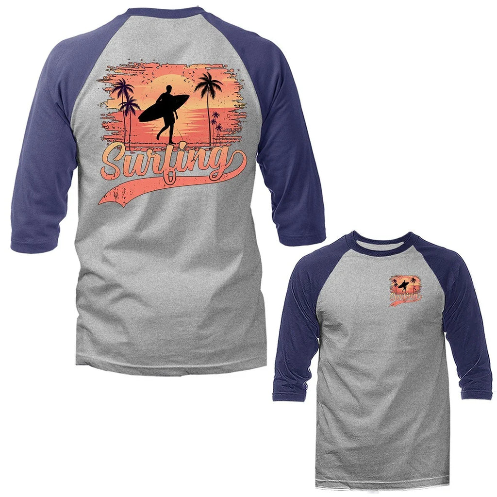 Surf Surfing Palm Tree Surfer 3/4 Sleeve Raglan Unisex T-shirt, Sweatshirt, Hoodie, Long Sleeve Tee - T-Shirt, Sweatshirt, Hoodie