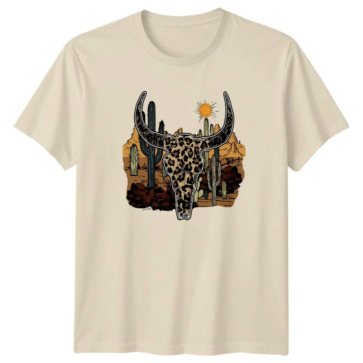 Leopard Print Bull Skull Desert Cactus Womens T-Shirt Boho Aesthetic Western Unisex T-shirt, Sweatshirt, Hoodie, Long Sleeve Tee - T-Shirt, Sweatshirt, Hoodie