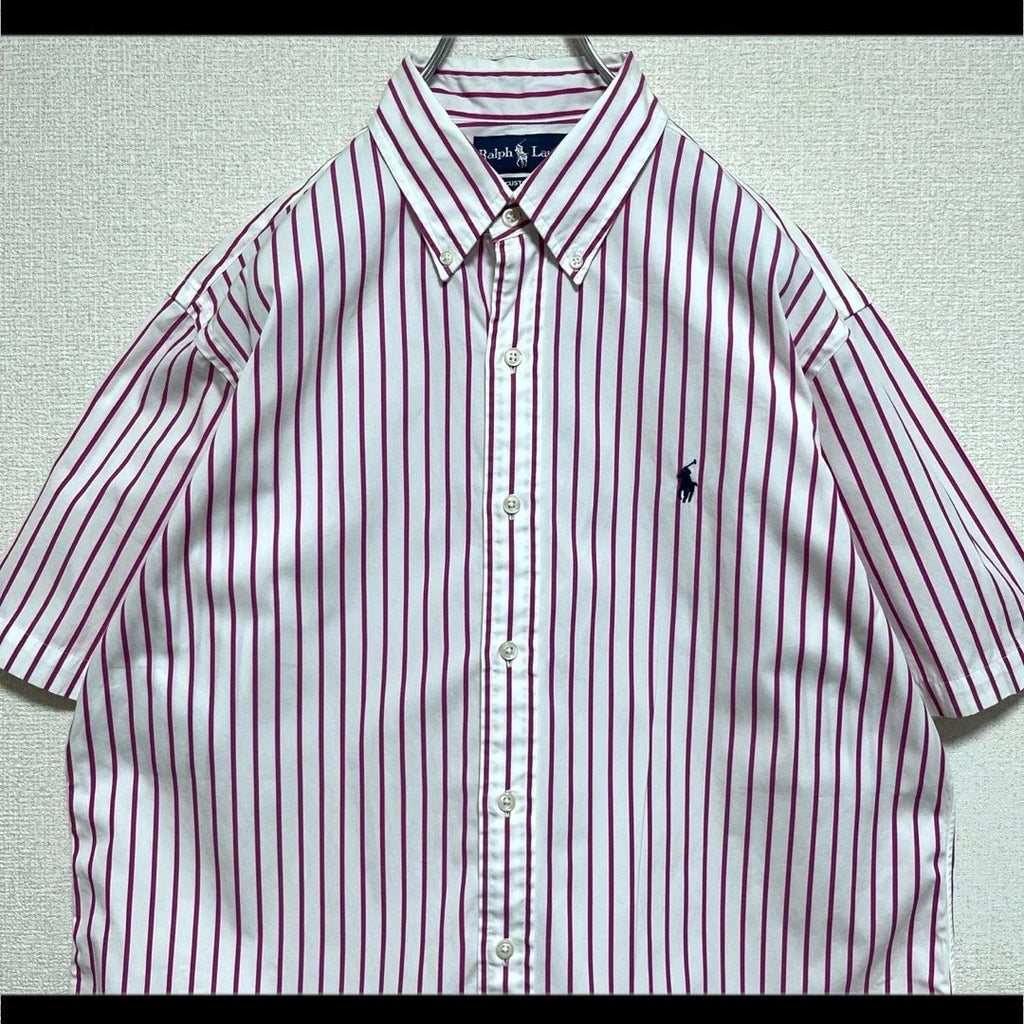 Ralph Lauren BD Shirt Short Sleeve Pink Navy Pony Embroidery Medium Japan Unisex T-shirt, Sweatshirt, Hoodie, Long Sleeve Tee - T-Shirt, Sweatshirt, Hoodie