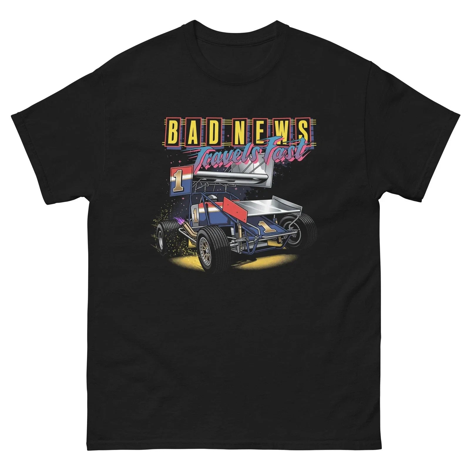 90s Retro Sprint Car Shirt Bad News Travels Fast Racing Graphic Unisex T-shirt, Sweatshirt, Hoodie, Long Sleeve Tee - T-Shirt, Sweatshirt, Hoodie