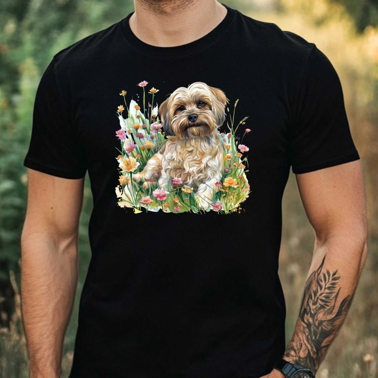 Mens Watercolour Dog Floral Print Cotton T-Shirt Size XS to 5XL Unisex T-shirt, Sweatshirt, Hoodie, Long Sleeve Tee - T-Shirt, Sweatshirt, Hoodie