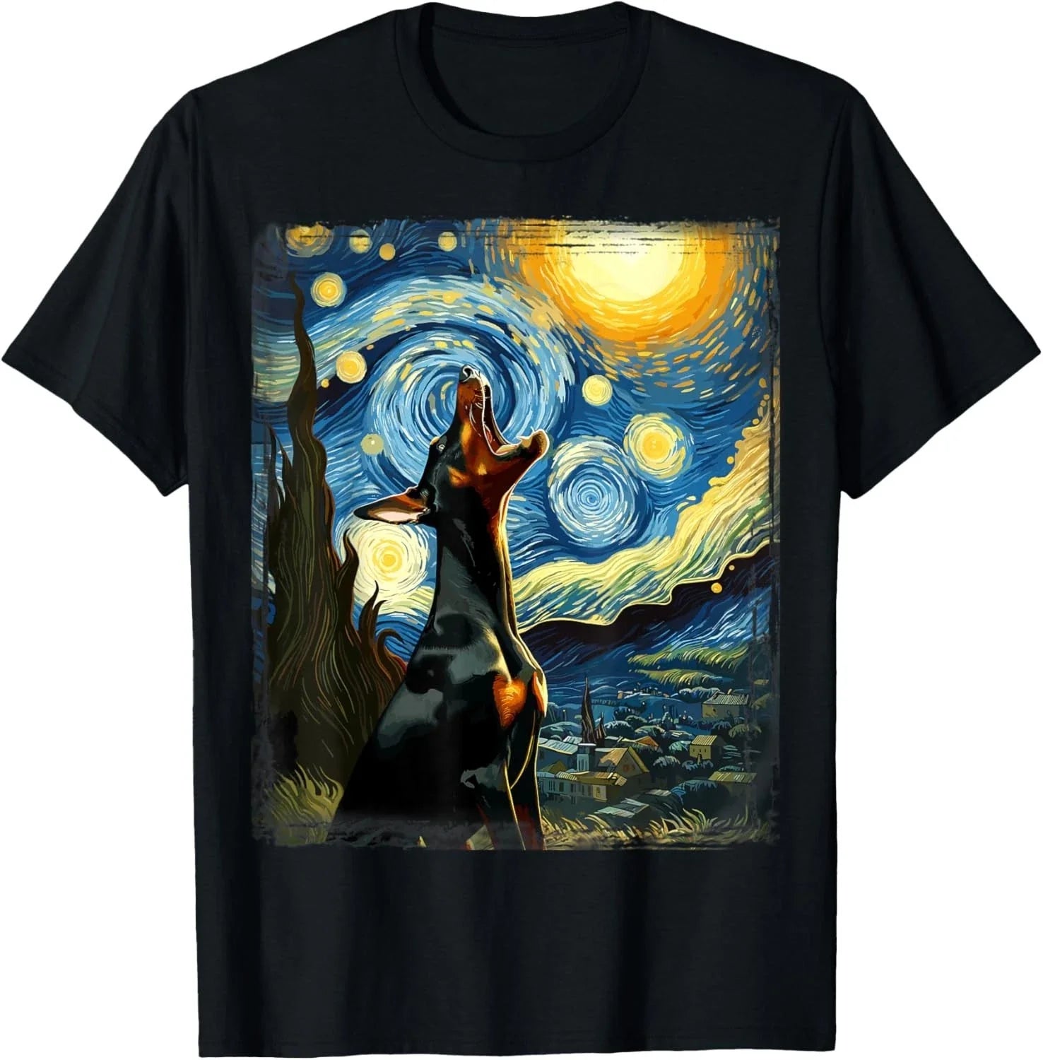 Doberman Pinscher Canine Art Van Gogh Starry Night Doberman Gift Unisex T-Shirt Unisex T-shirt, Sweatshirt, Hoodie, Long Sleeve Tee - T-Shirt, Sweatshirt, Hoodie