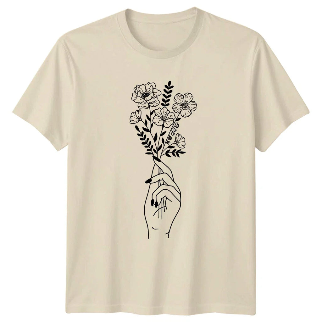 Hand Holding Flowers Aesthetic Womens T-Shirt Botanical Nature Mothers Day Unisex T-shirt, Sweatshirt, Hoodie, Long Sleeve Tee - T-Shirt, Sweatshirt, Hoodie