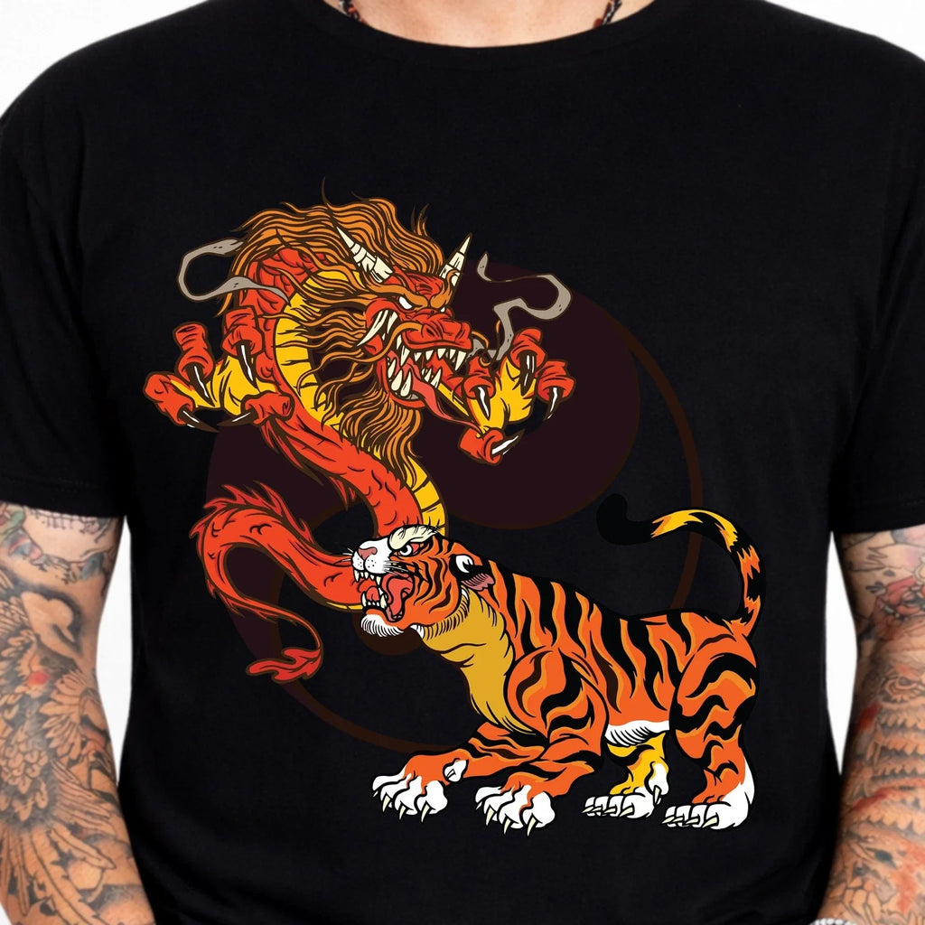 Dragon Tiger Fight Graphic Tee Asian Mythology Yin Yang Streetwear Bold Shirt. Unisex T-shirt, Sweatshirt, Hoodie, Long Sleeve Tee - T-Shirt, Sweatshirt, Hoodie