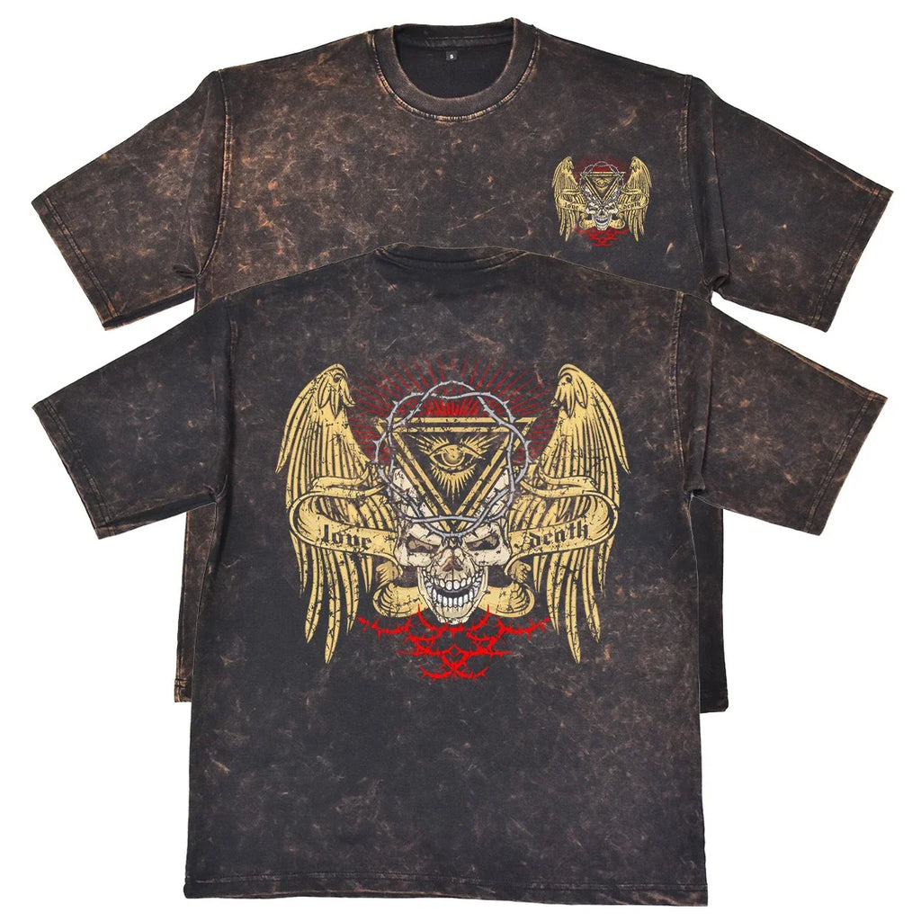 Love Death Skull Unisex Mens Rust 240gsm French Terry Acid Wash T-Shirt Grunge Unisex T-shirt, Sweatshirt, Hoodie, Long Sleeve Tee - T-Shirt, Sweatshirt, Hoodie
