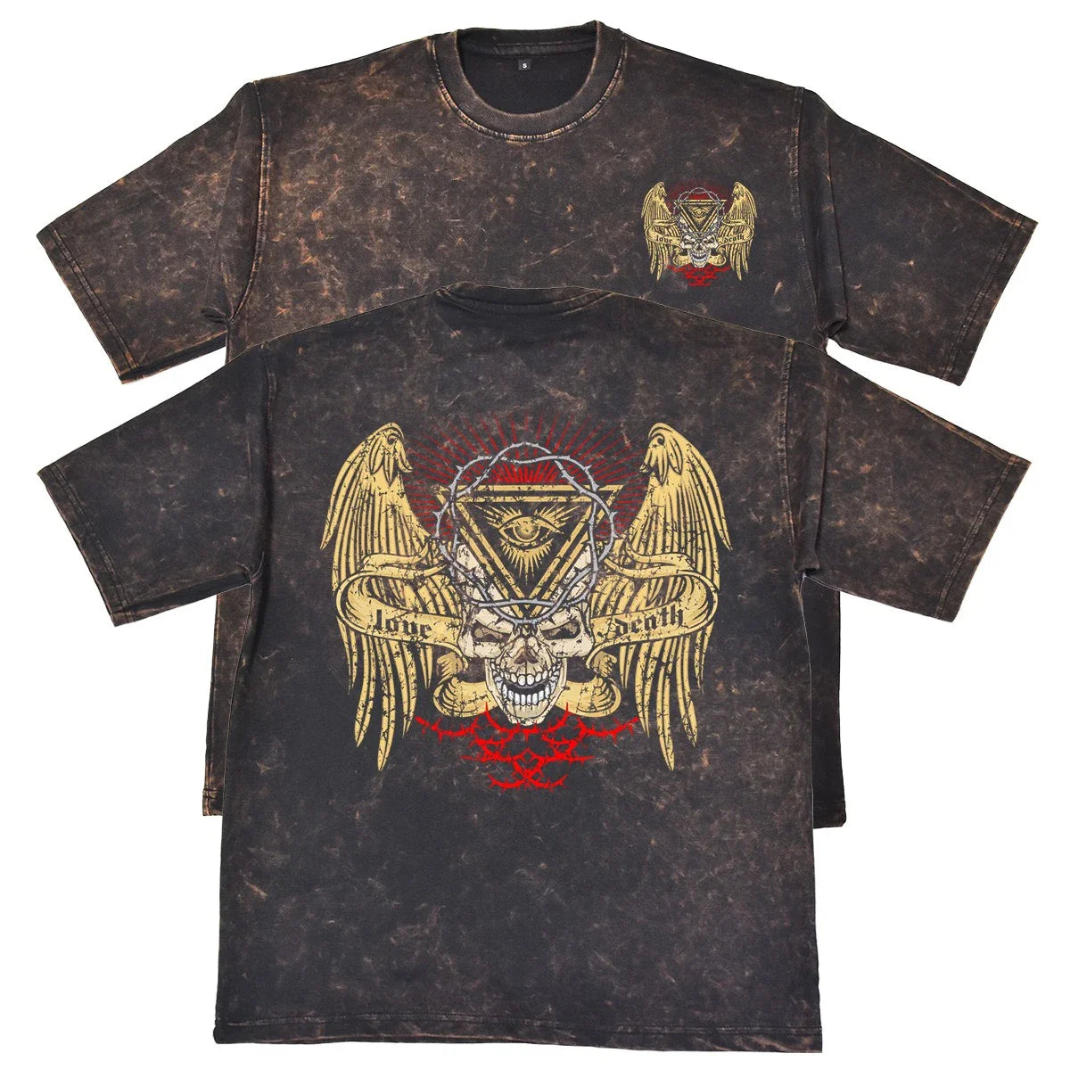 Love Death Skull Unisex Mens Rust 240gsm French Terry Acid Wash T-Shirt Grunge Unisex T-shirt, Sweatshirt, Hoodie, Long Sleeve Tee - T-Shirt, Sweatshirt, Hoodie
