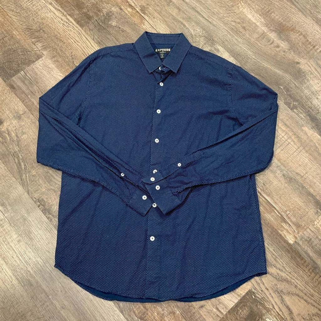 Express Button Down Navy Blue White Speckled Modern Fit Men's L Long Sleeve Unisex T-shirt, Sweatshirt, Hoodie, Long Sleeve Tee - T-Shirt, Sweatshirt, Hoodie